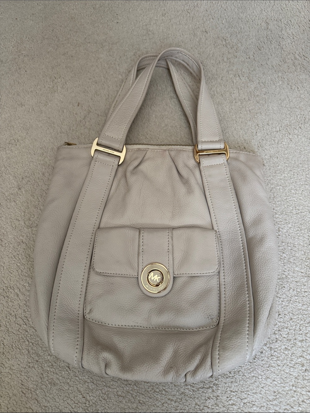 Michael Kors Pebbled Leather Shoulder Bag in Light Beige with Gold Hardware